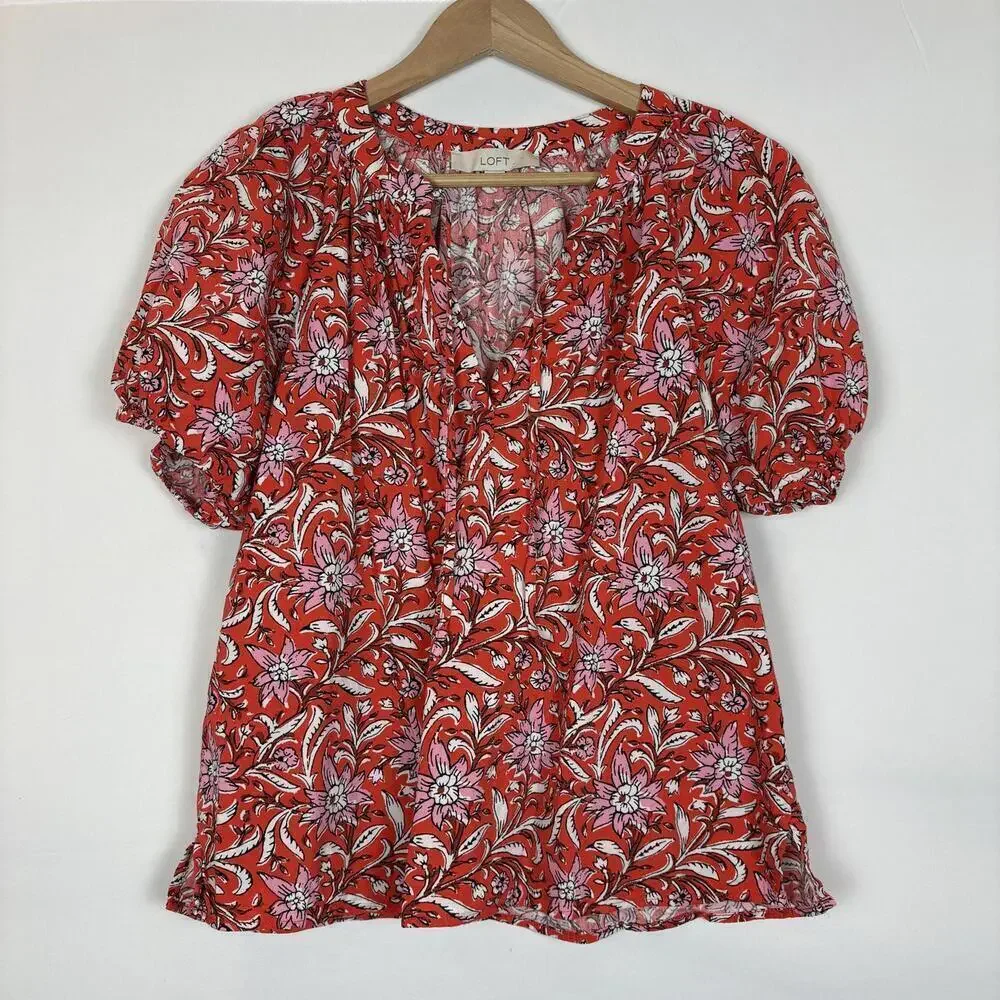 LOFT Size: XS Red Floral Spring Bloom Tie Neck Puff Sleeve Tunic Top